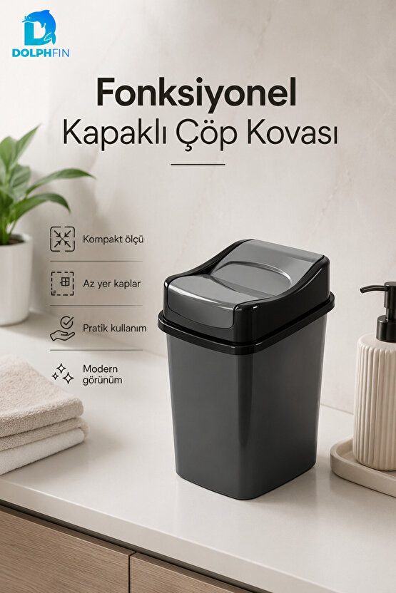 Girdap Kapaklı Çöp Kovası 2 Litre Siyah Kompakt Masaüstü Banyo Ofis Çöp Kutusu