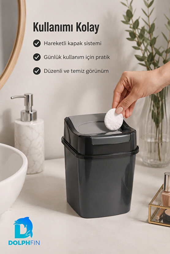 Girdap Kapaklı Çöp Kovası 2 Litre Siyah Kompakt Masaüstü Banyo Ofis Çöp Kutusu