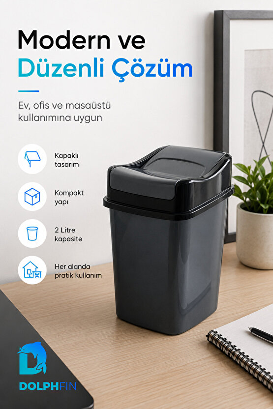 Girdap Kapaklı Çöp Kovası 2 Litre Siyah Kompakt Masaüstü Banyo Ofis Çöp Kutusu