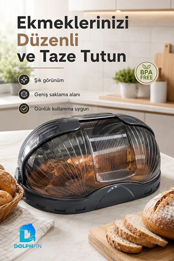 Kapaklı Ekmek Dolabı Plastik Ekmeklik Mutfak Tezgah Üstü Ekmek Saklama Kabı - Siyah