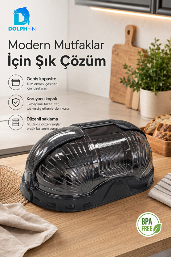 Kapaklı Ekmek Dolabı Plastik Ekmeklik Mutfak Tezgah Üstü Ekmek Saklama Kabı - Siyah