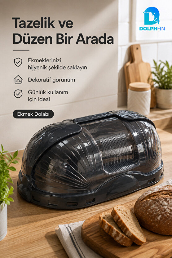 Kapaklı Ekmek Dolabı Plastik Ekmeklik Mutfak Tezgah Üstü Ekmek Saklama Kabı - Siyah