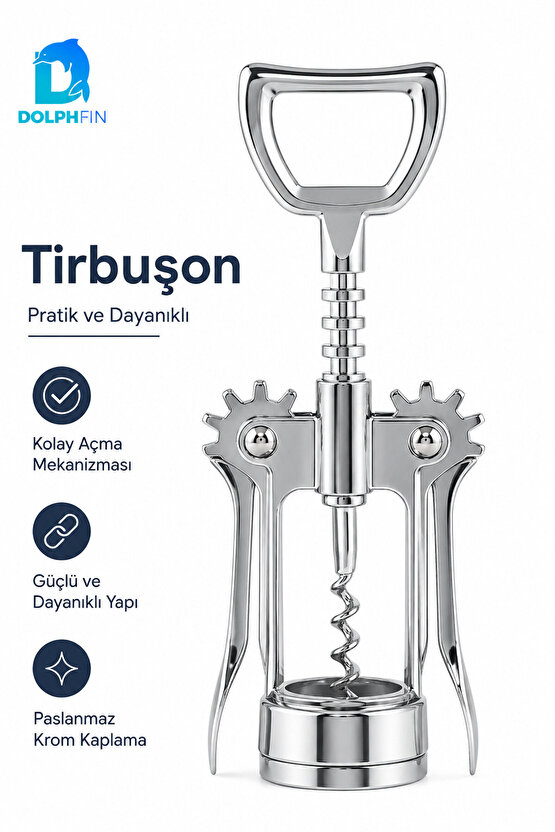 Kanatlı Tirbuşon Şarap Şişesi Açacağı Metal Krom Kaplama