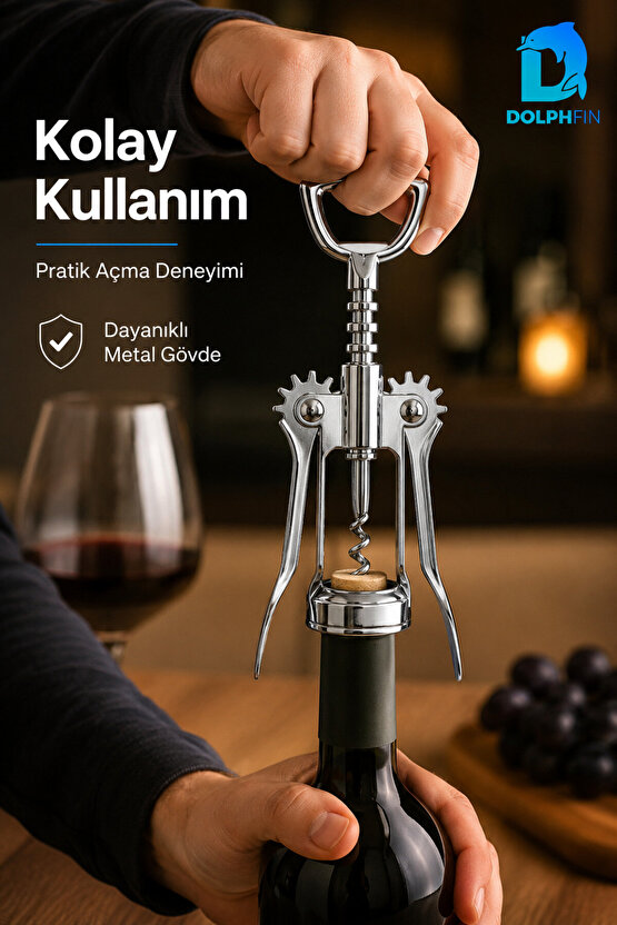 Kanatlı Tirbuşon Şarap Şişesi Açacağı Metal Krom Kaplama