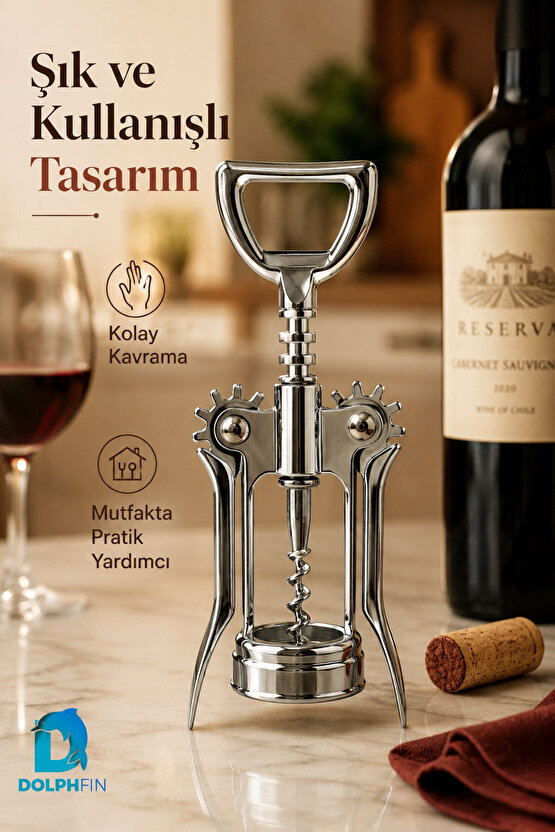 Kanatlı Tirbuşon Şarap Şişesi Açacağı Metal Krom Kaplama