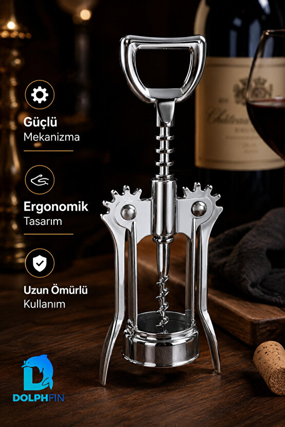 Kanatlı Tirbuşon Şarap Şişesi Açacağı Metal Krom Kaplama