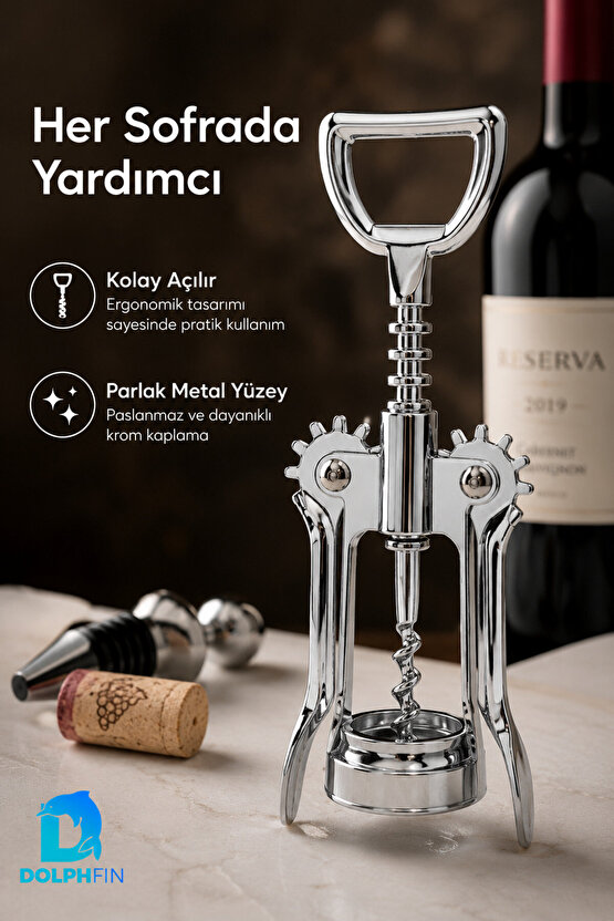 Kanatlı Tirbuşon Şarap Şişesi Açacağı Metal Krom Kaplama