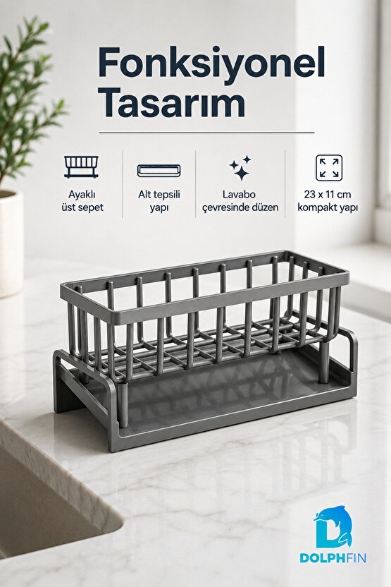 Lavabo Düzenleyici Alt Tepsili Süngerlik Fırçalık Deterjanlık 23 cm Antrasit
