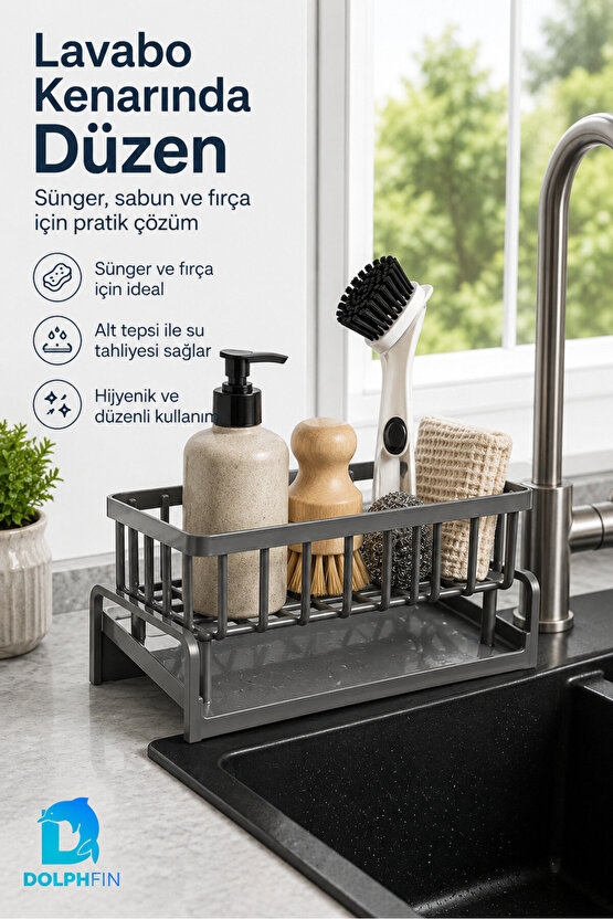 Lavabo Düzenleyici Alt Tepsili Süngerlik Fırçalık Deterjanlık 23 cm Antrasit