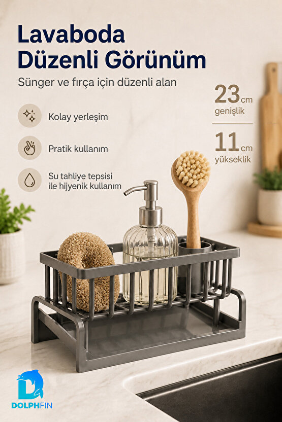 Lavabo Düzenleyici Alt Tepsili Süngerlik Fırçalık Deterjanlık 23 cm Antrasit