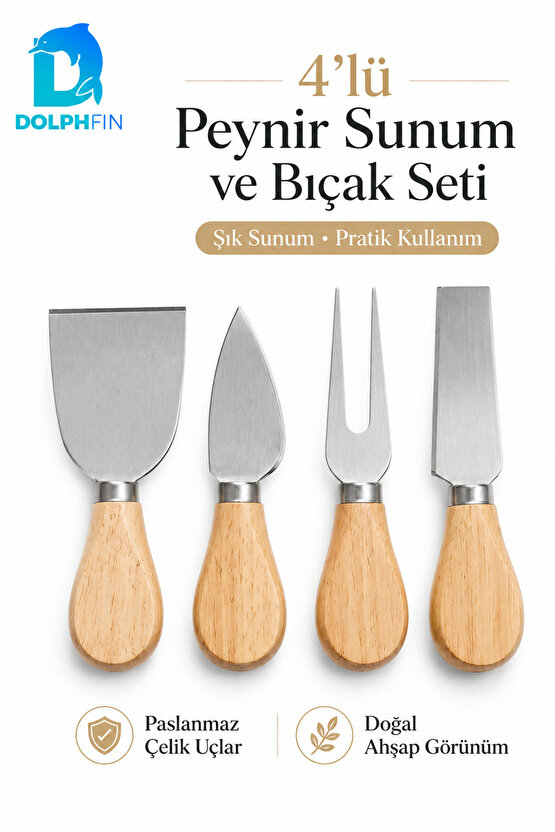 4’lü Peynir Bıçağı Seti Paslanmaz Çelik Ahşap Saplı Sunum Takımı
