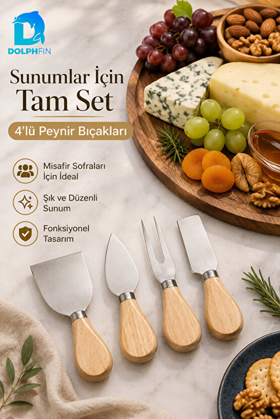 4’lü Peynir Bıçağı Seti Paslanmaz Çelik Ahşap Saplı Sunum Takımı
