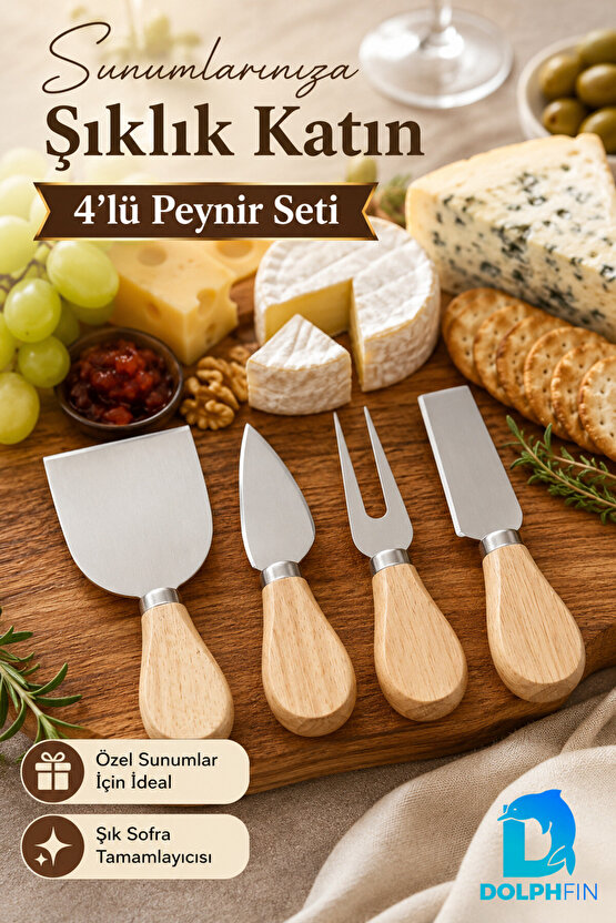 4’lü Peynir Bıçağı Seti Paslanmaz Çelik Ahşap Saplı Sunum Takımı