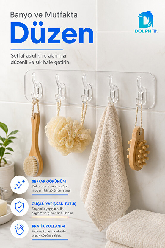 5 Kancalı Şeffaf Yapışkanlı Duvar Askılığı Delmeden Montaj