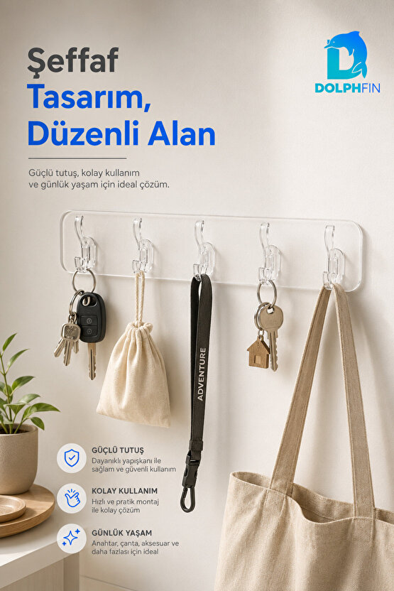 5 Kancalı Şeffaf Yapışkanlı Duvar Askılığı Delmeden Montaj