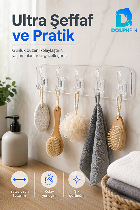 5 Kancalı Şeffaf Yapışkanlı Duvar Askılığı Delmeden Montaj