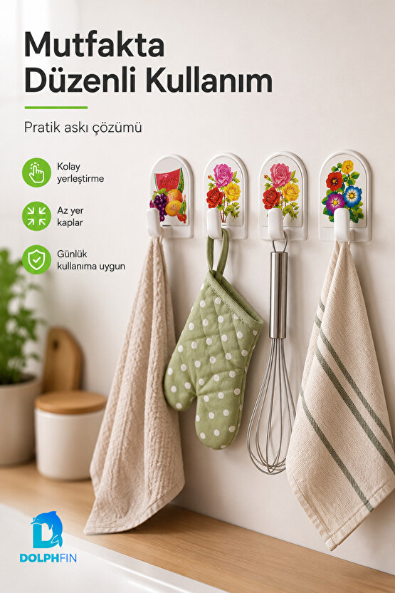4’lü Dekoratif Yapışkanlı Duvar Askısı Delmeden Montaj Desenli