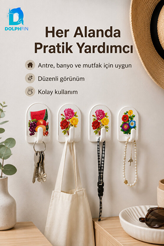 4’lü Dekoratif Yapışkanlı Duvar Askısı Delmeden Montaj Desenli
