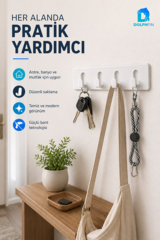 4 Kancalı Yapışkanlı Duvar Askılığı Delmeden Montaj Beyaz