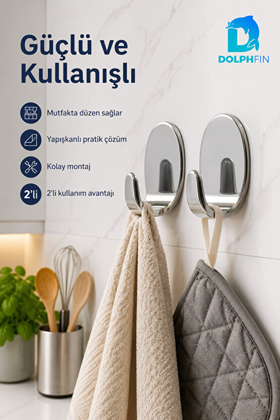 2’li Yapışkanlı Çelik Askılık Delmeden Duvar Askısı Gümüş