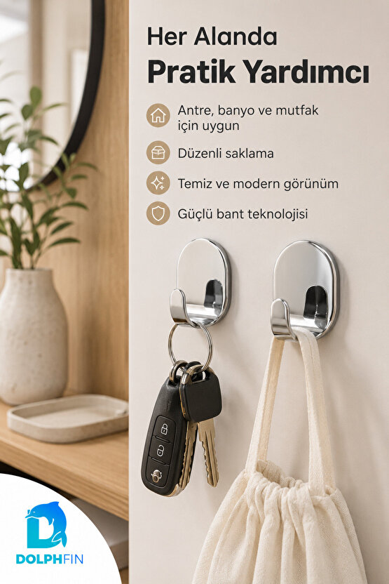 2’li Yapışkanlı Çelik Askılık Delmeden Duvar Askısı Gümüş