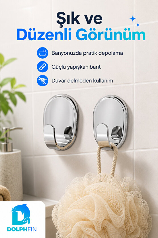 2’li Yapışkanlı Çelik Askılık Delmeden Duvar Askısı Gümüş
