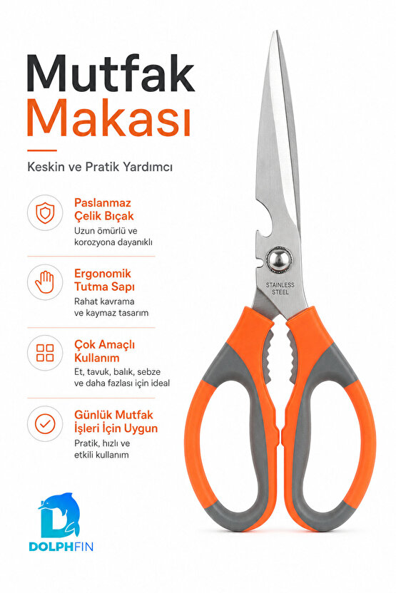 Çok Amaçlı Mutfak Makası Paslanmaz Çelik Ceviz Kıracaklı Turuncu Gri