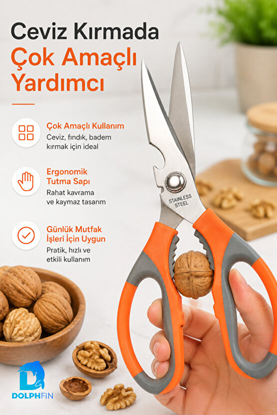 Çok Amaçlı Mutfak Makası Paslanmaz Çelik Ceviz Kıracaklı Turuncu Gri