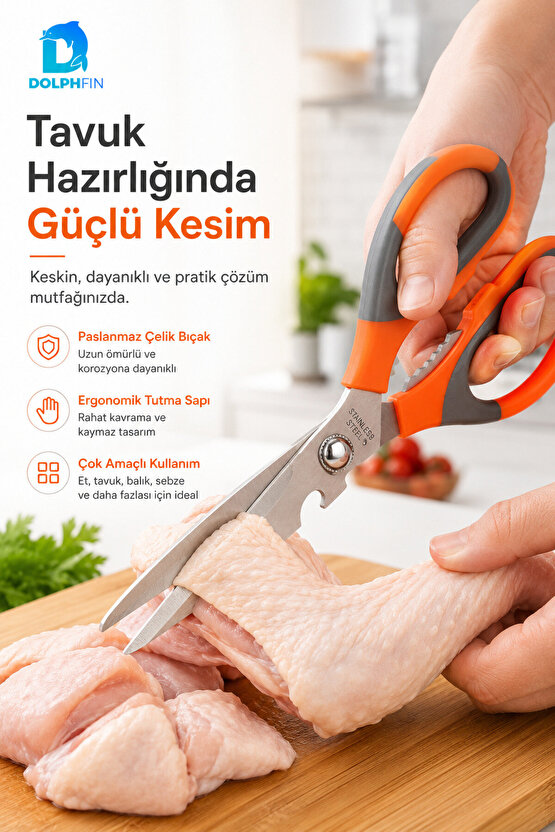 Çok Amaçlı Mutfak Makası Paslanmaz Çelik Ceviz Kıracaklı Turuncu Gri