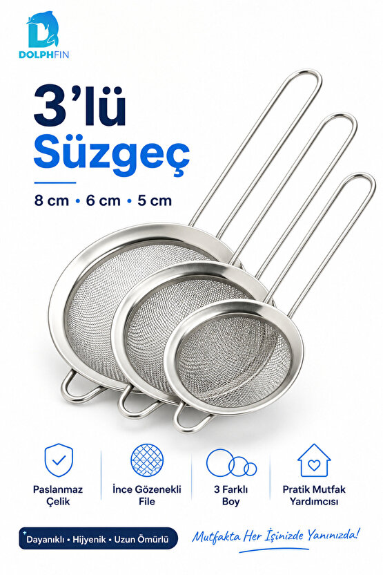 3’lü Paslanmaz Çelik Süzgeç Seti İnce Fileli 8 cm 6 cm 5 cm