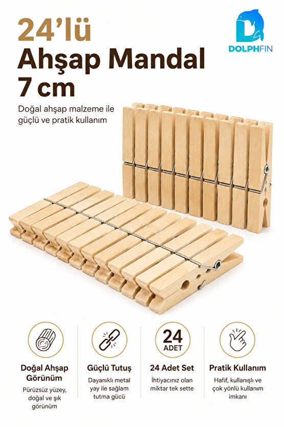 24’lü Ahşap Çamaşır Mandalı 7 cm Metal Yaylı Güçlü Tutuş