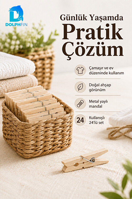 24’lü Ahşap Çamaşır Mandalı 7 cm Metal Yaylı Güçlü Tutuş