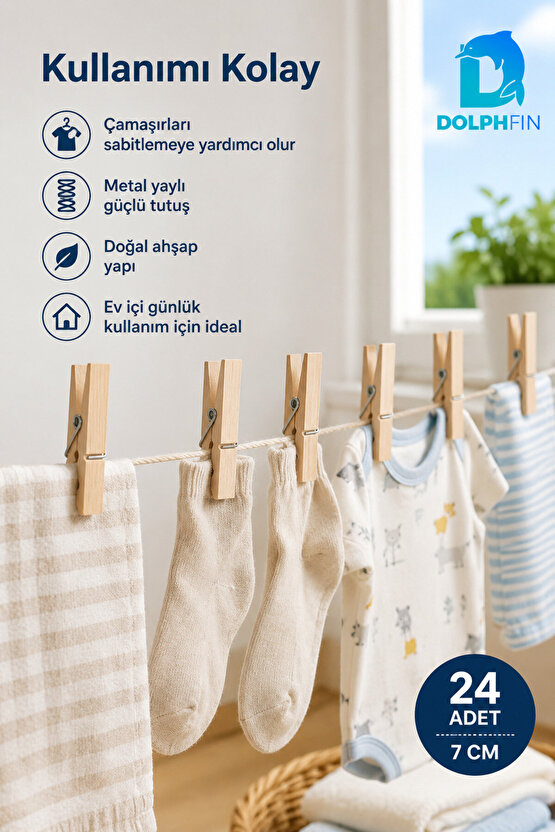 24’lü Ahşap Çamaşır Mandalı 7 cm Metal Yaylı Güçlü Tutuş
