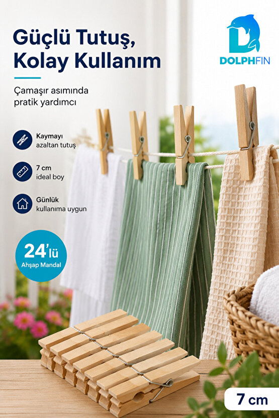 24’lü Ahşap Çamaşır Mandalı 7 cm Metal Yaylı Güçlü Tutuş