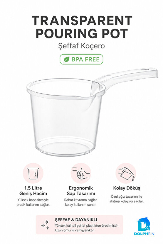 1,5 L Şeffaf Koçero Bebek Banyo Maşrapası BPA Free Ergonomik Saplı