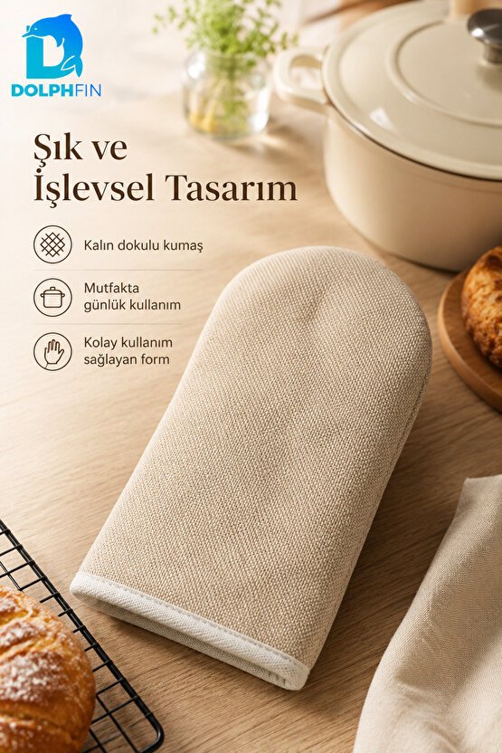 Fırın Eldiveni Bej Kalın Kumaş Isı Koruyucu Mutfak Eldiveni