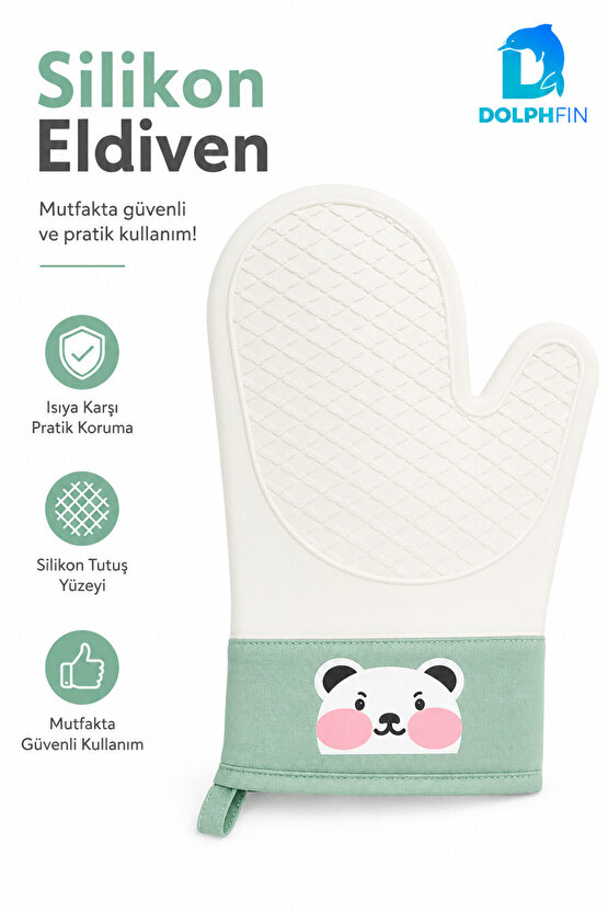 Silikon Fırın Eldiveni Panda Desenli Isıya Dayanıklı Kaymaz Mutfak Eldiveni Yeşil