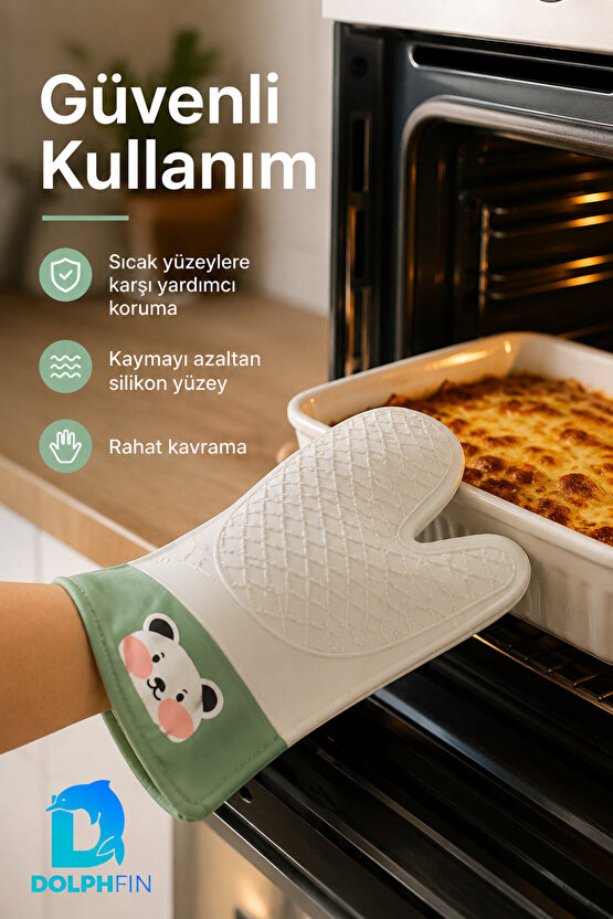Silikon Fırın Eldiveni Panda Desenli Isıya Dayanıklı Kaymaz Mutfak Eldiveni Yeşil
