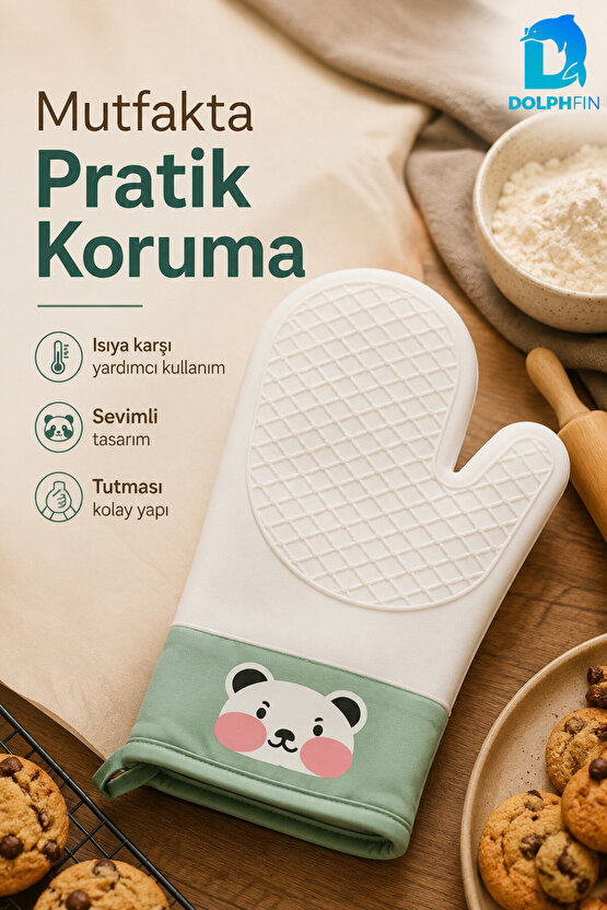 Silikon Fırın Eldiveni Panda Desenli Isıya Dayanıklı Kaymaz Mutfak Eldiveni Yeşil