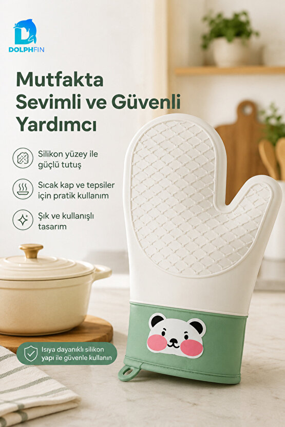 Silikon Fırın Eldiveni Panda Desenli Isıya Dayanıklı Kaymaz Mutfak Eldiveni Yeşil