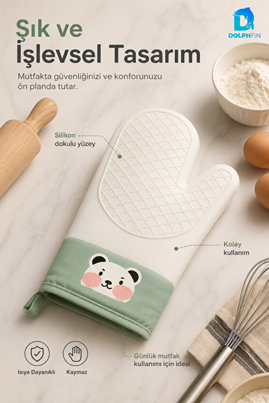 Silikon Fırın Eldiveni Panda Desenli Isıya Dayanıklı Kaymaz Mutfak Eldiveni Yeşil