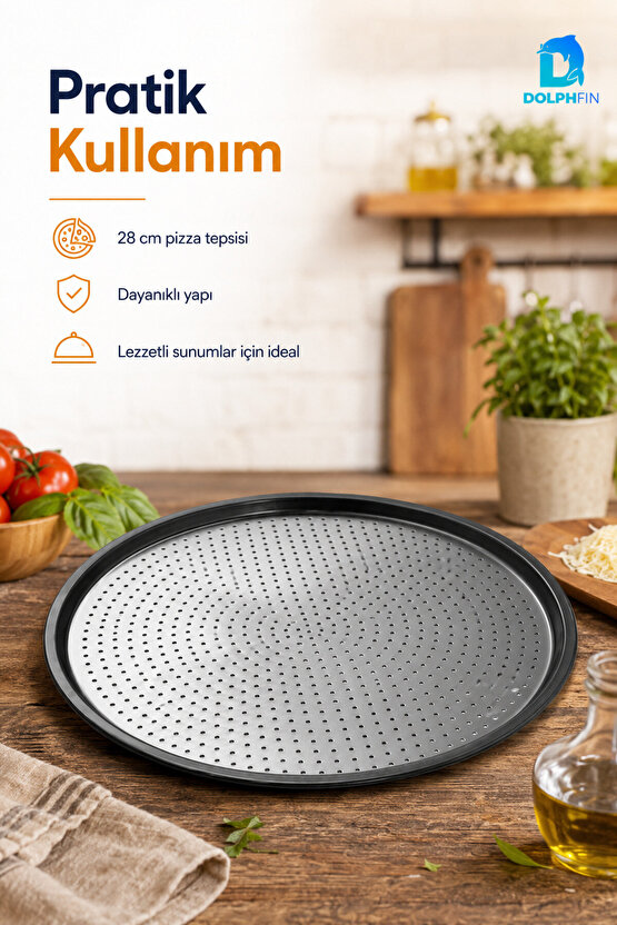 Delikli Pizza Tepsisi 28 cm – Yuvarlak Metal Pizza Pişirme Tepsisi