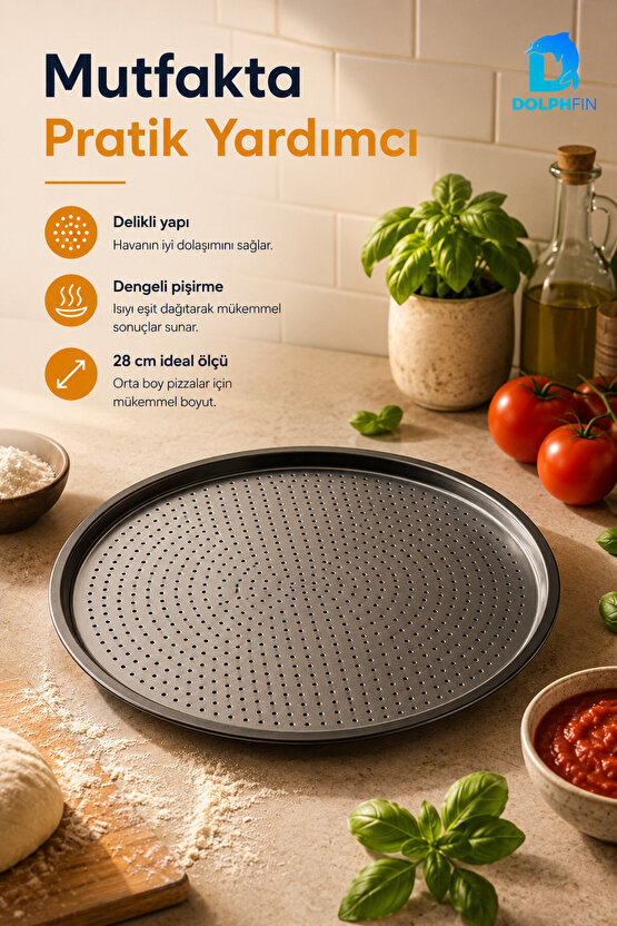Delikli Pizza Tepsisi 28 cm – Yuvarlak Metal Pizza Pişirme Tepsisi
