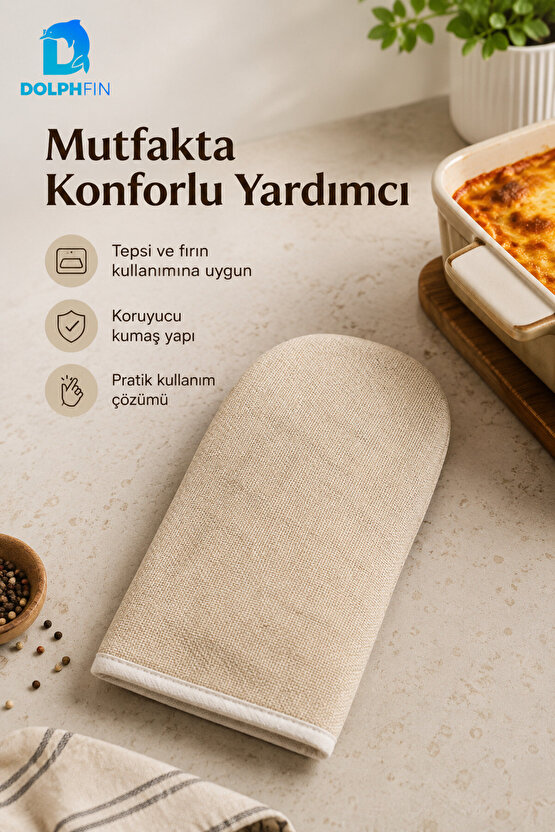 Isıya Dayanıklı Fırın Eldiveni Kalın Kumaşlı Tepsi Tutacağı Bej