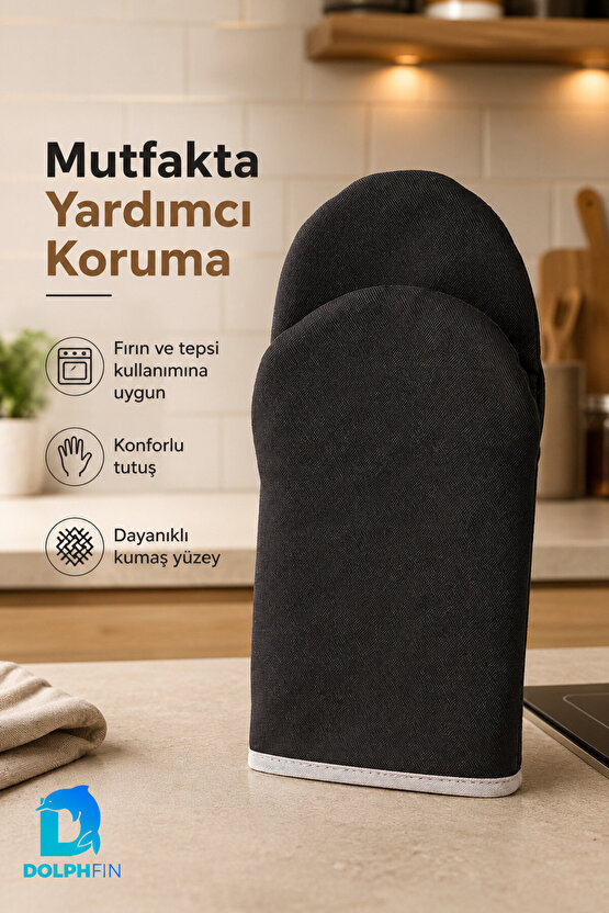 Isıya Dayanıklı Fırın Eldiveni Kalın Kumaşlı Tepsi Tutacağı Siyah