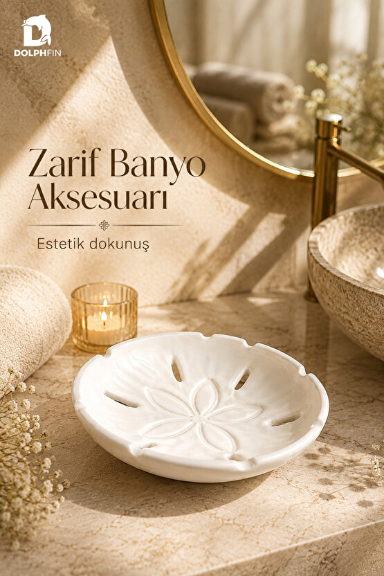 Çiçek Desenli Drenajlı Sabunluk Beyaz Banyo ve Mutfak Sabun Tabağı