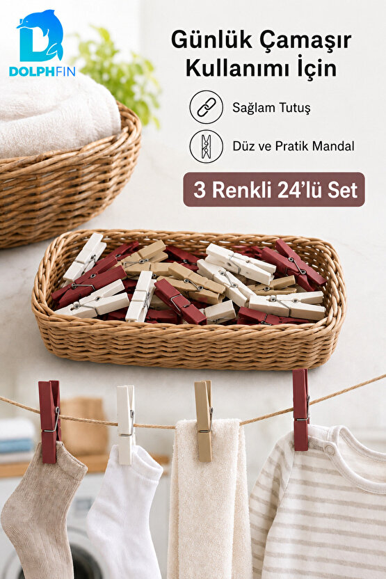 24’lü Çamaşır Mandalı Seti – 3 Renk, Her Renkte 8 Adet, Güçlü Yaylı Mandal