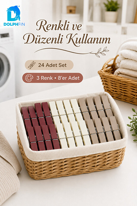24’lü Çamaşır Mandalı Seti – 3 Renk, Her Renkte 8 Adet, Güçlü Yaylı Mandal