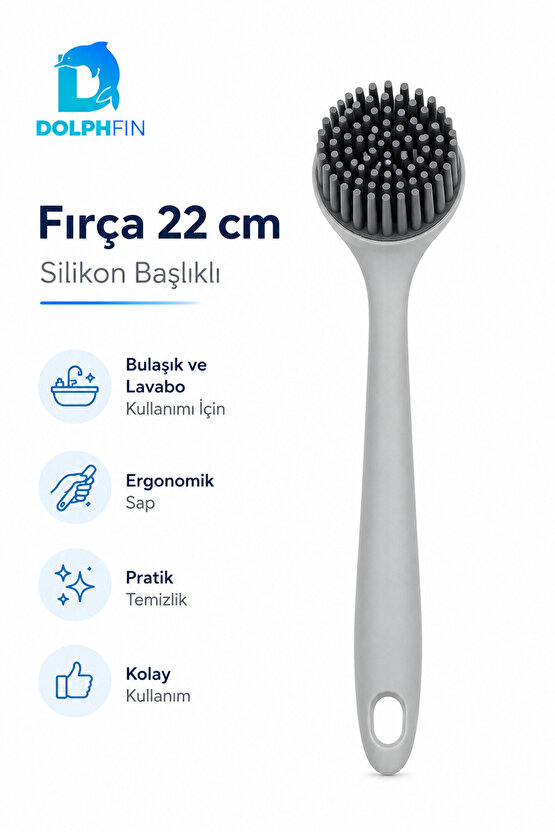 Silikon Başlıklı Bulaşık ve Lavabo Temizleme Fırçası 22 cm – Gri