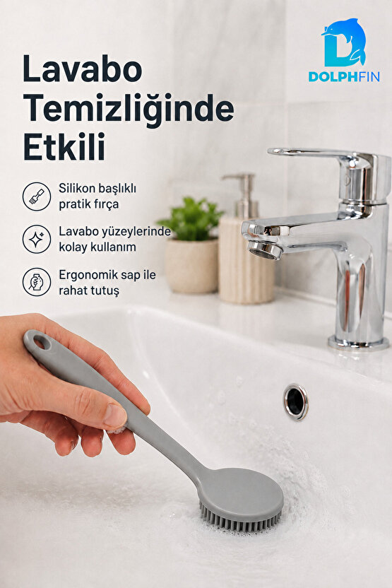 Silikon Başlıklı Bulaşık ve Lavabo Temizleme Fırçası 22 cm – Gri